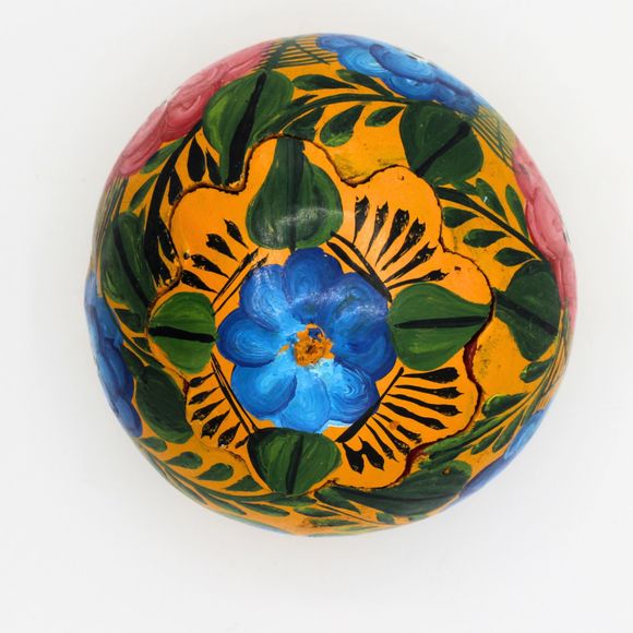 Vintage Mexican Folk Art Hand Painted Gourd Trinket Vessel 4.5" Floral Design - Picture 6 of 8